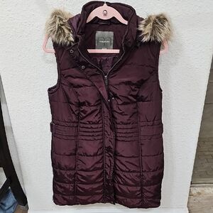 Maurices Burgundy Puffer Vest with Faux Fur Trim